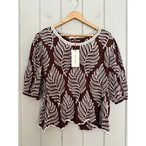 NWT Solitaire Top XL Embroidered Leaf Print Top Puff Sleeve Brown Boho NEW